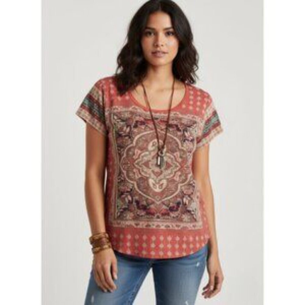 Lucky Brand Persian Carpet T-Shirt Size Small Boho Hippie Peasant Modest